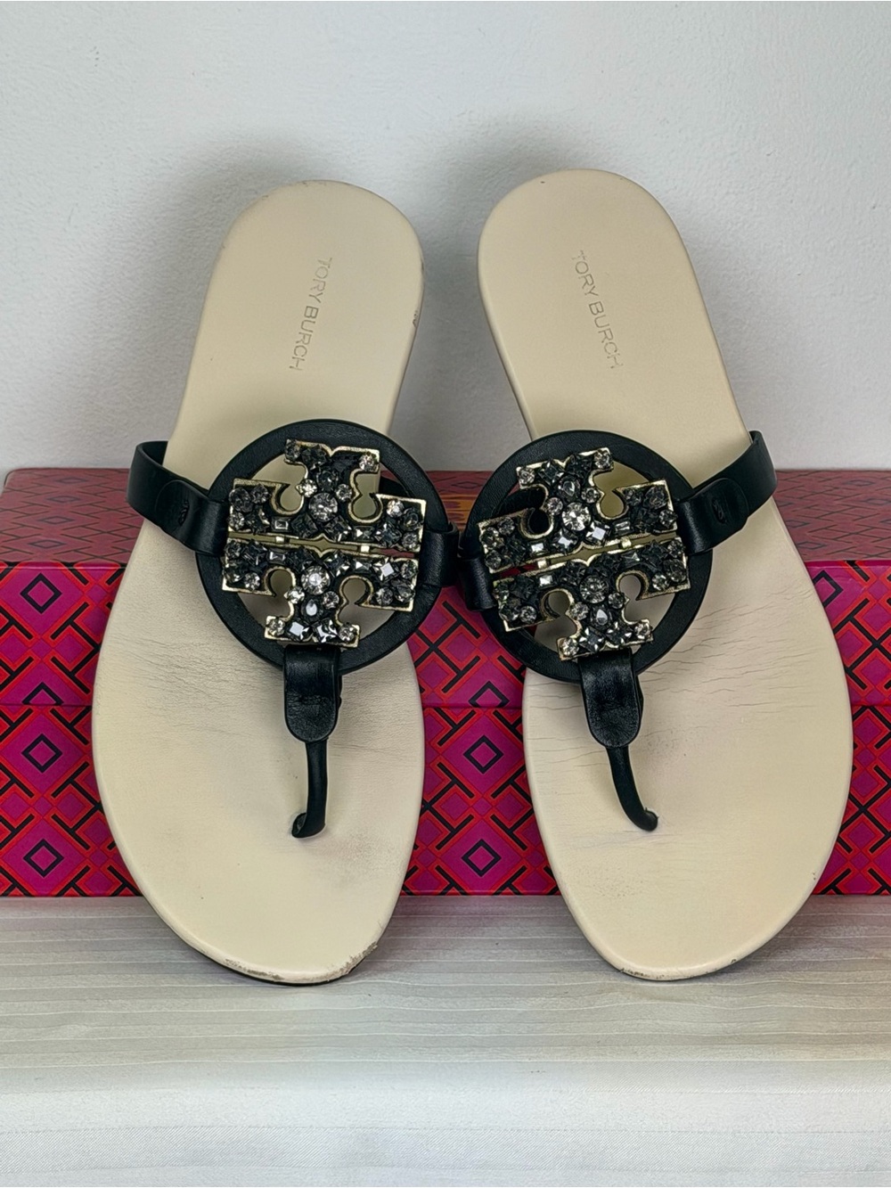 Tory Burch ‘Miller’ Crystal Embellished Iconic Logo Soft Sandals Women’s Size 8